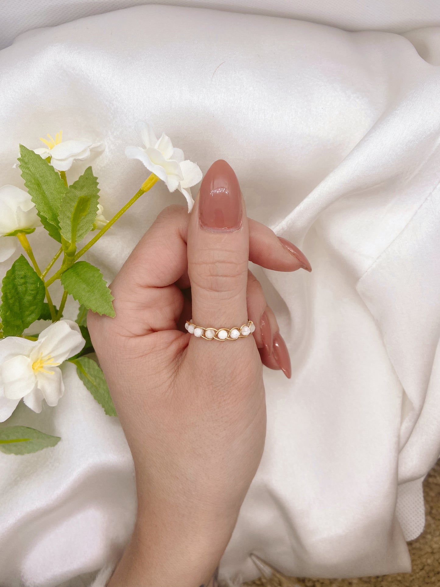 White Ball Braided Ring