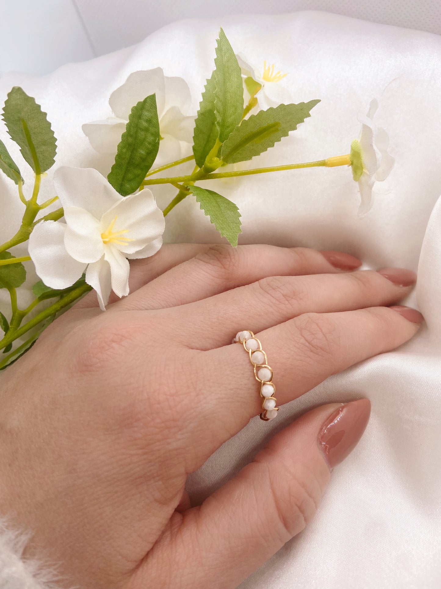 White Ball Braided Ring