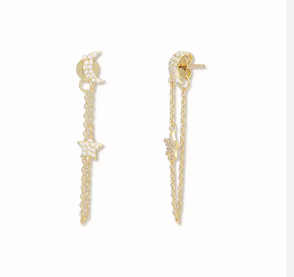 Moon & Star Chain Dangling Earrings