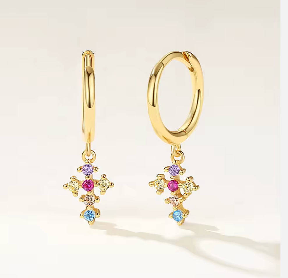 Birthstone Cross Dangle Hoops